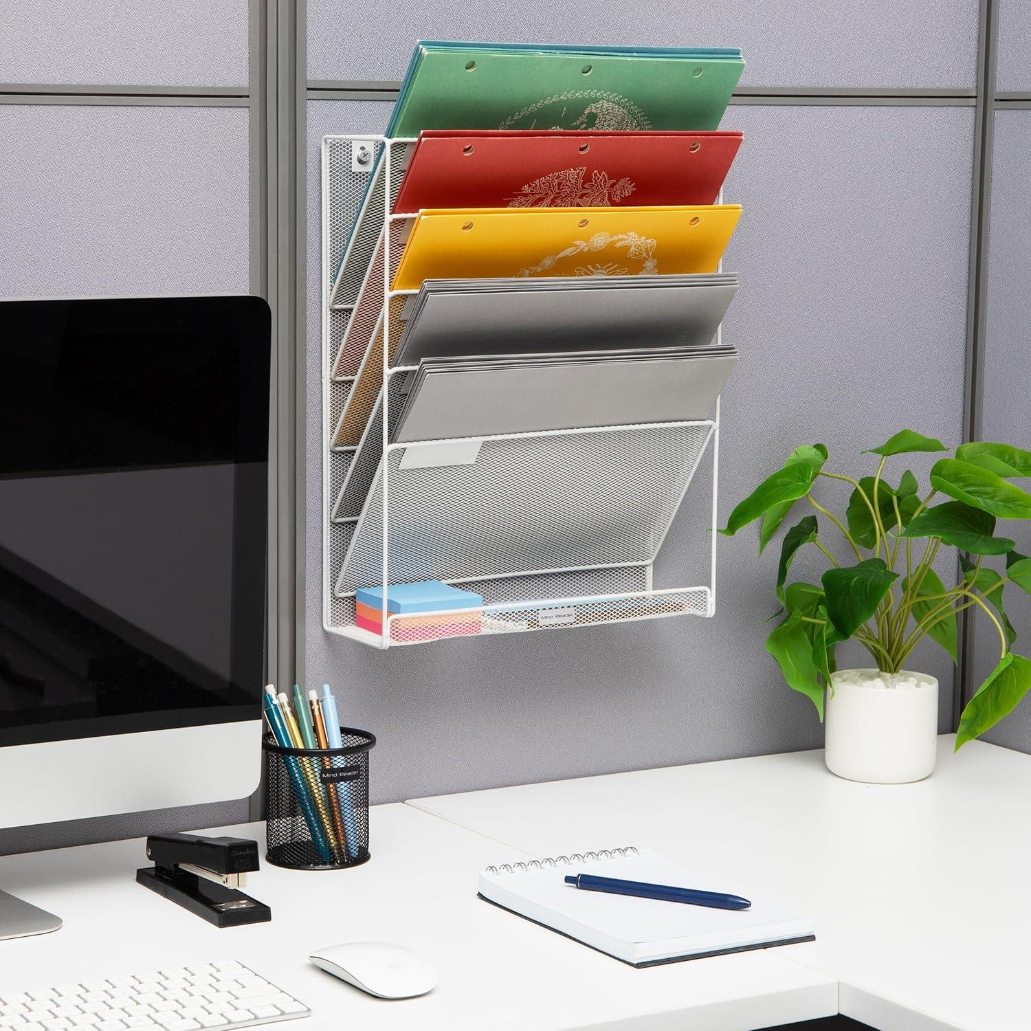 imageMind Reader 5Pocket Vertical File Storage Desktop Organizer Wall Mount Office Metal Mesh PinkWhite