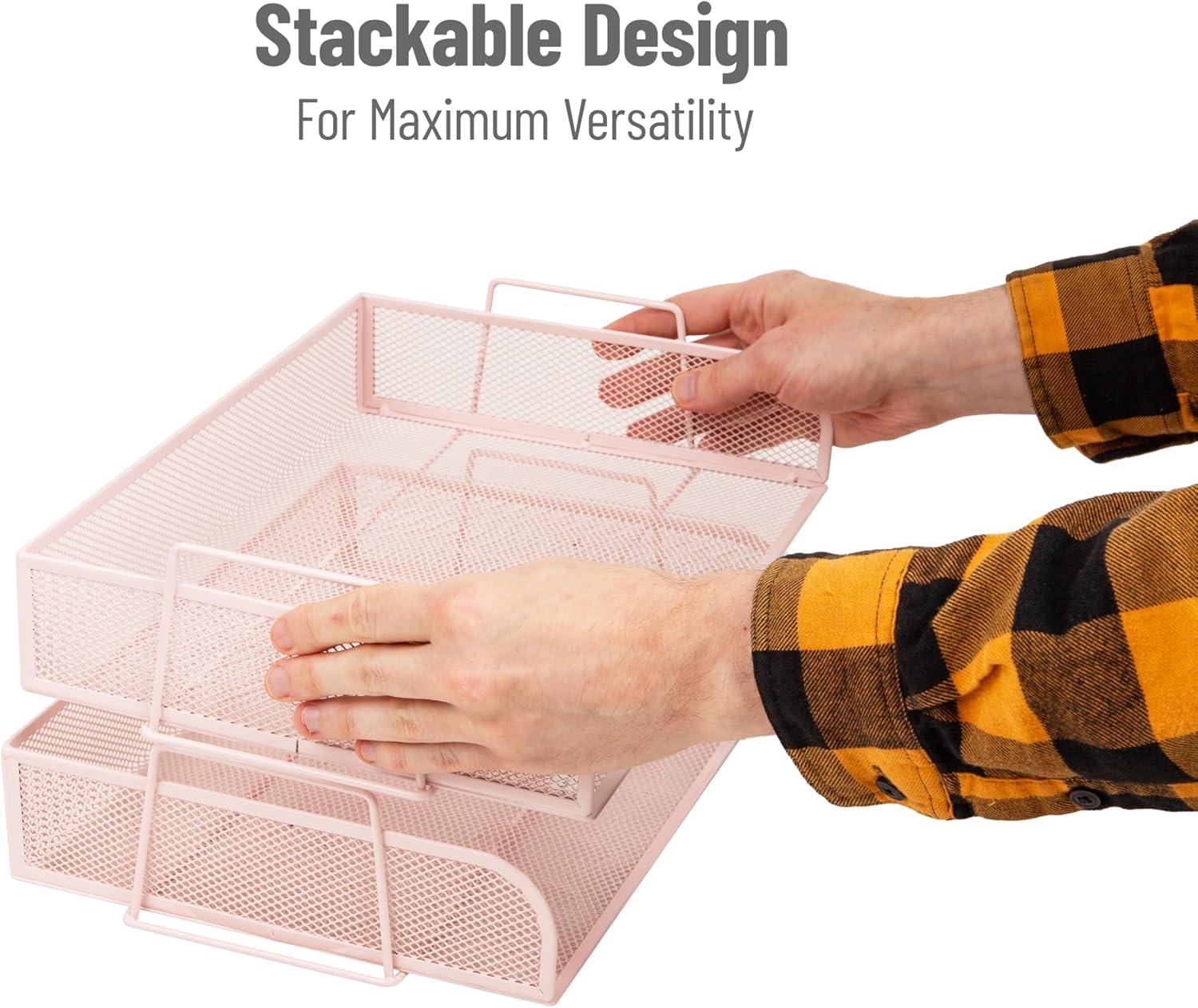 imageMind Reader Stackable Paper Tray Desktop Organizer File Storage Office Metal Mesh 2 Pcs BlackPink
