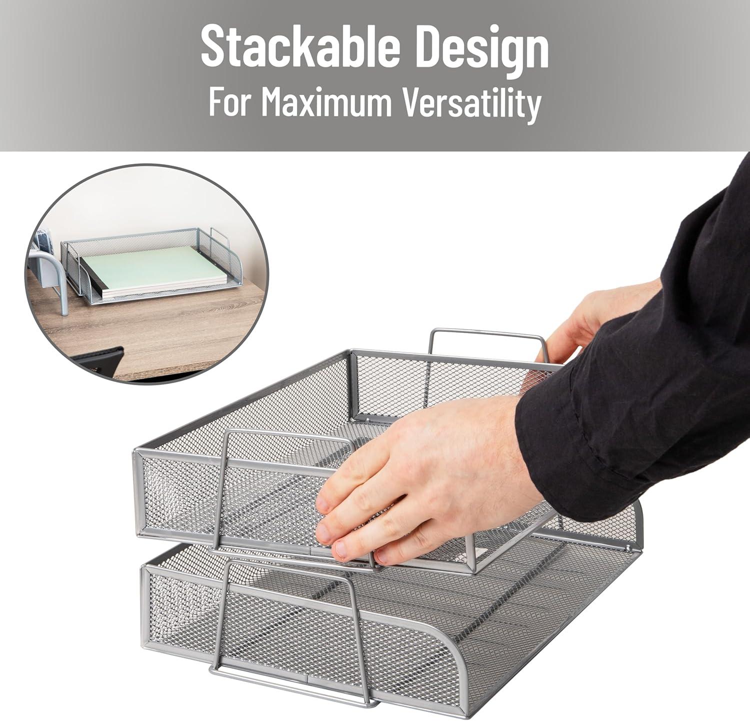 imageMind Reader Stackable Paper Tray Desktop Organizer File Storage Office Metal Mesh 2 Pcs BlackSilver