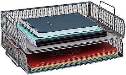 imageMind Reader Stackable Paper Tray Desktop Organizer File Storage Office Metal Mesh 2 Pcs BlackSilver