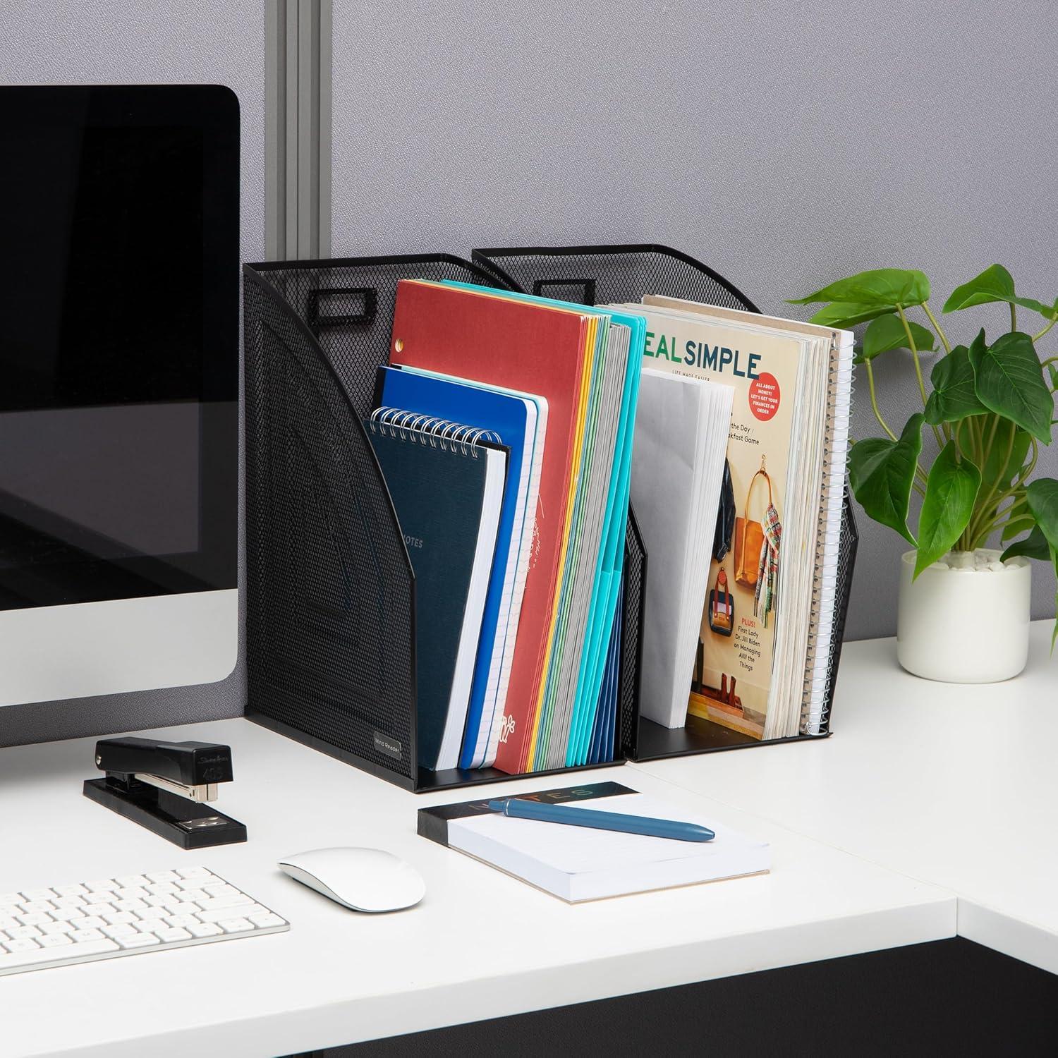 imageMind Reader Vertical File Organizers Desktop File Holders for Folders Magazines and Paperwork Workspace Organizer Metal Mesh Set of 2 BlackPack of 4