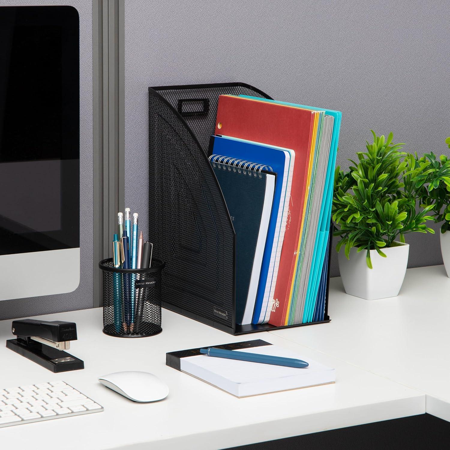 imageMind Reader Vertical File Organizers Desktop File Holders for Folders Magazines and Paperwork Workspace Organizer Metal Mesh Set of 2 BlackPack of 4