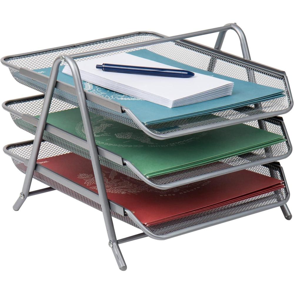 imageMind Reader 3Tier Paper Tray Desktop Organizer File Storage Workspace Office Metal Mesh 1175L x 1375W x 10H BlackSilver
