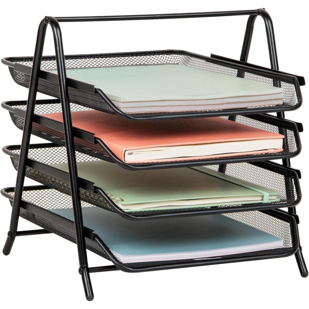 imageMind Reader 4Tier Paper Tray Desktop Organizer File Storage Workspace Office Metal Mesh 12L x 1375W x 125H BlackBlack