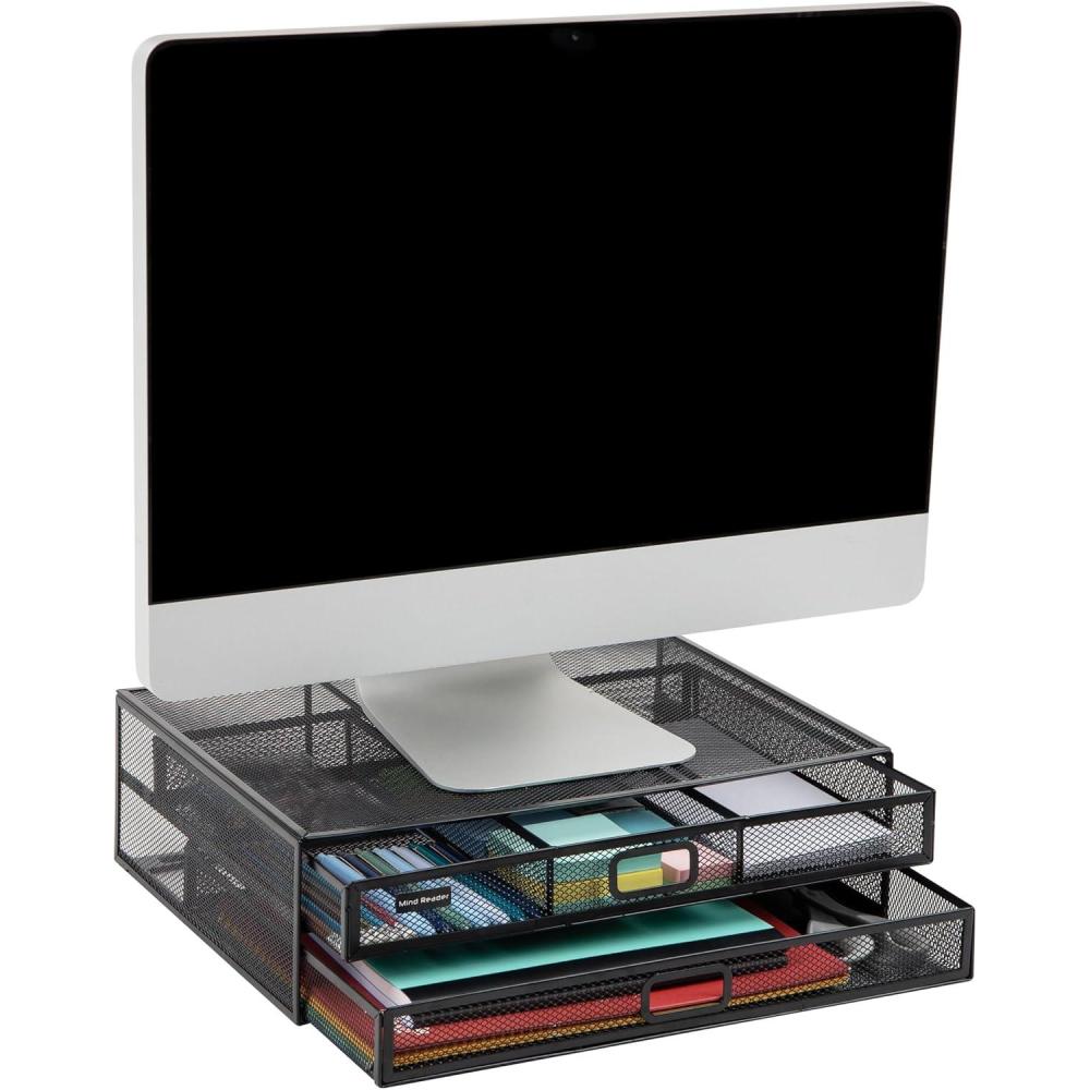 imageMind Reader Monitor Stand Ventilated Laptop Riser Storage Drawer Office Metal Mesh Black