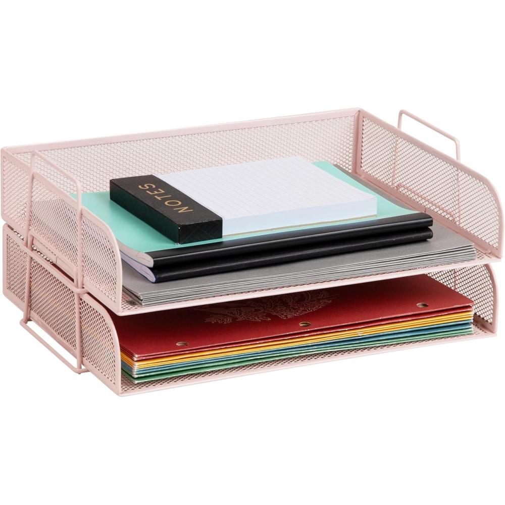 imageMind Reader Stackable Paper Tray Desktop Organizer File Storage Office Metal Mesh 2 Pcs BlackPink