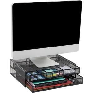 Mind Reader Monitor Stand, Ventilated Laptop Riser, Storage Drawer, Office, Metal Mesh, Black