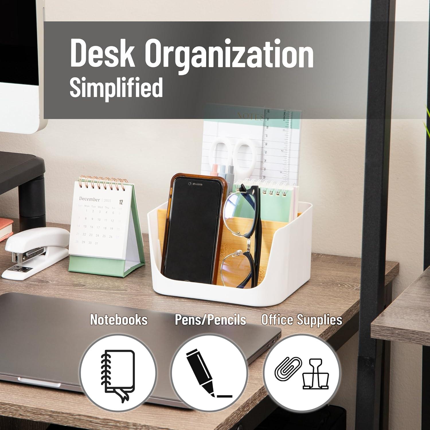 imageMind Reader 5Compartment Desktop Organizer Adjustable Caddy Plastic and Wood BlackWhite