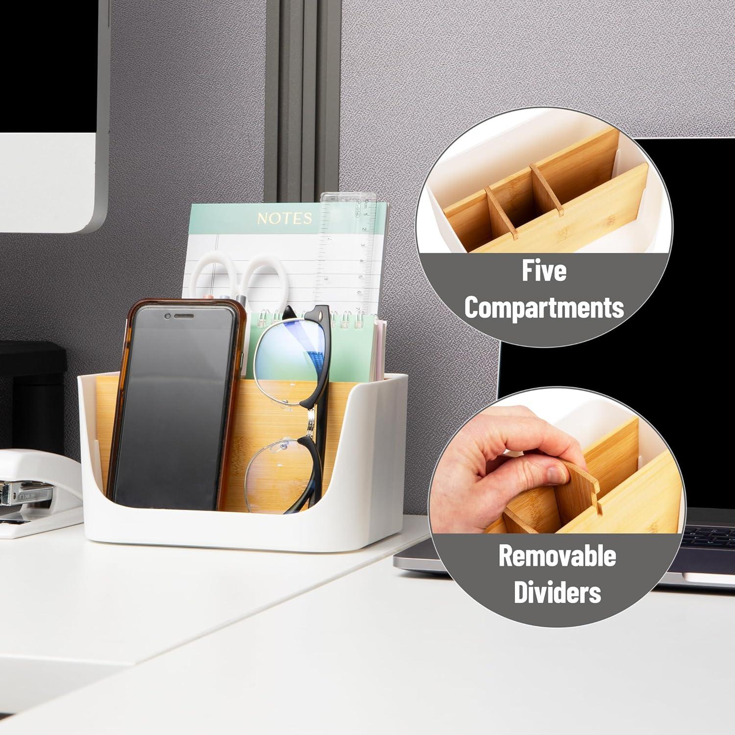 imageMind Reader 5Compartment Desktop Organizer Adjustable Caddy Plastic and Wood BlackWhite