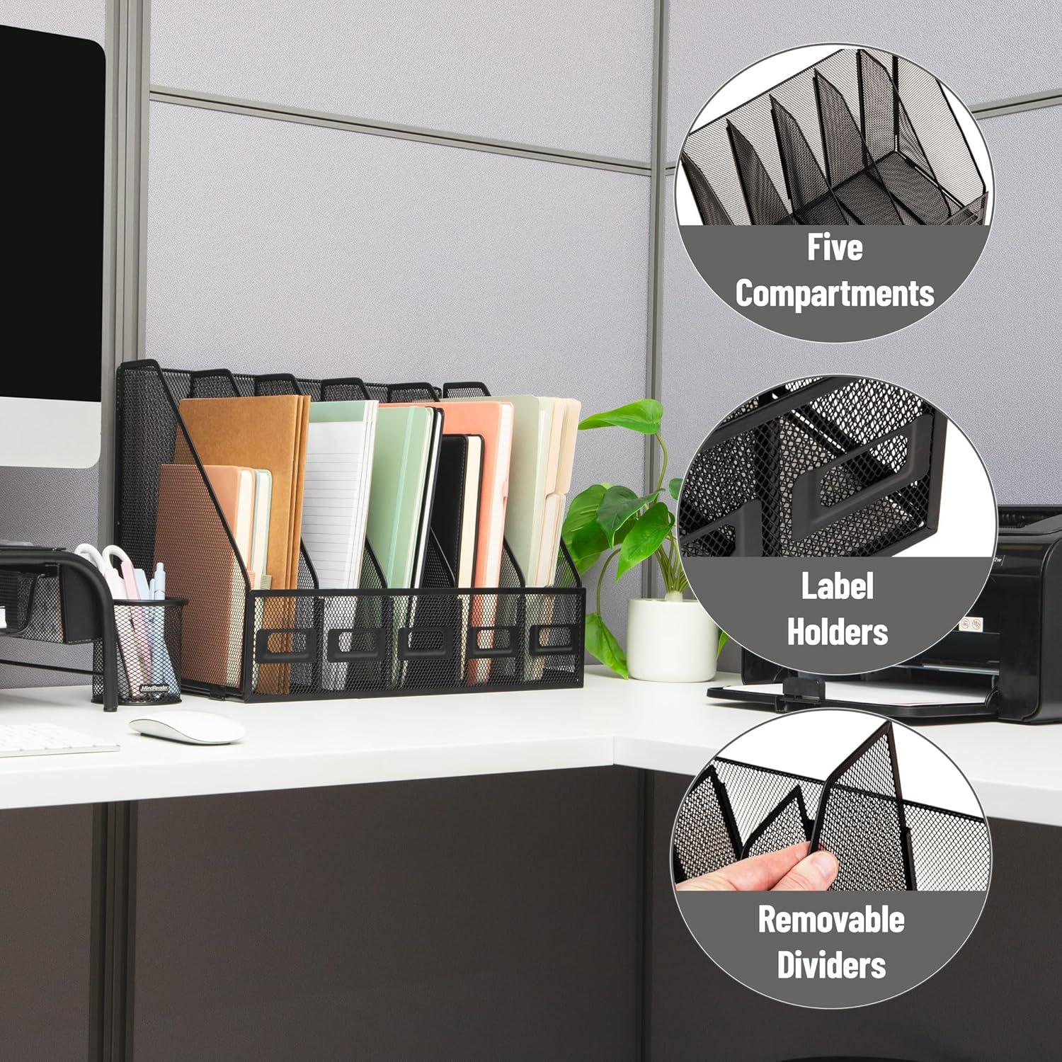 imageMind Reader 5Compartment Vertical File Organizer Desktop Paper Sorter Office Metal Mesh Black