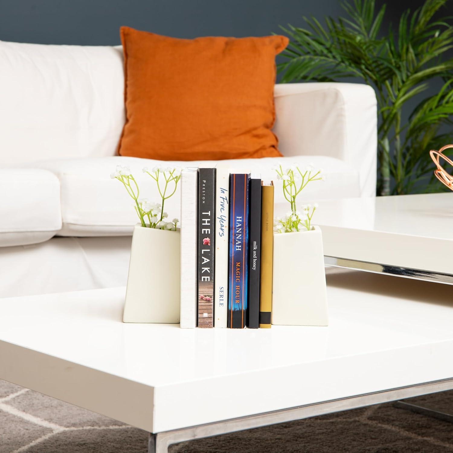 imageMind Reader Cement Planter Bookends Desk Decor and Indoor Plants Set of 2 White