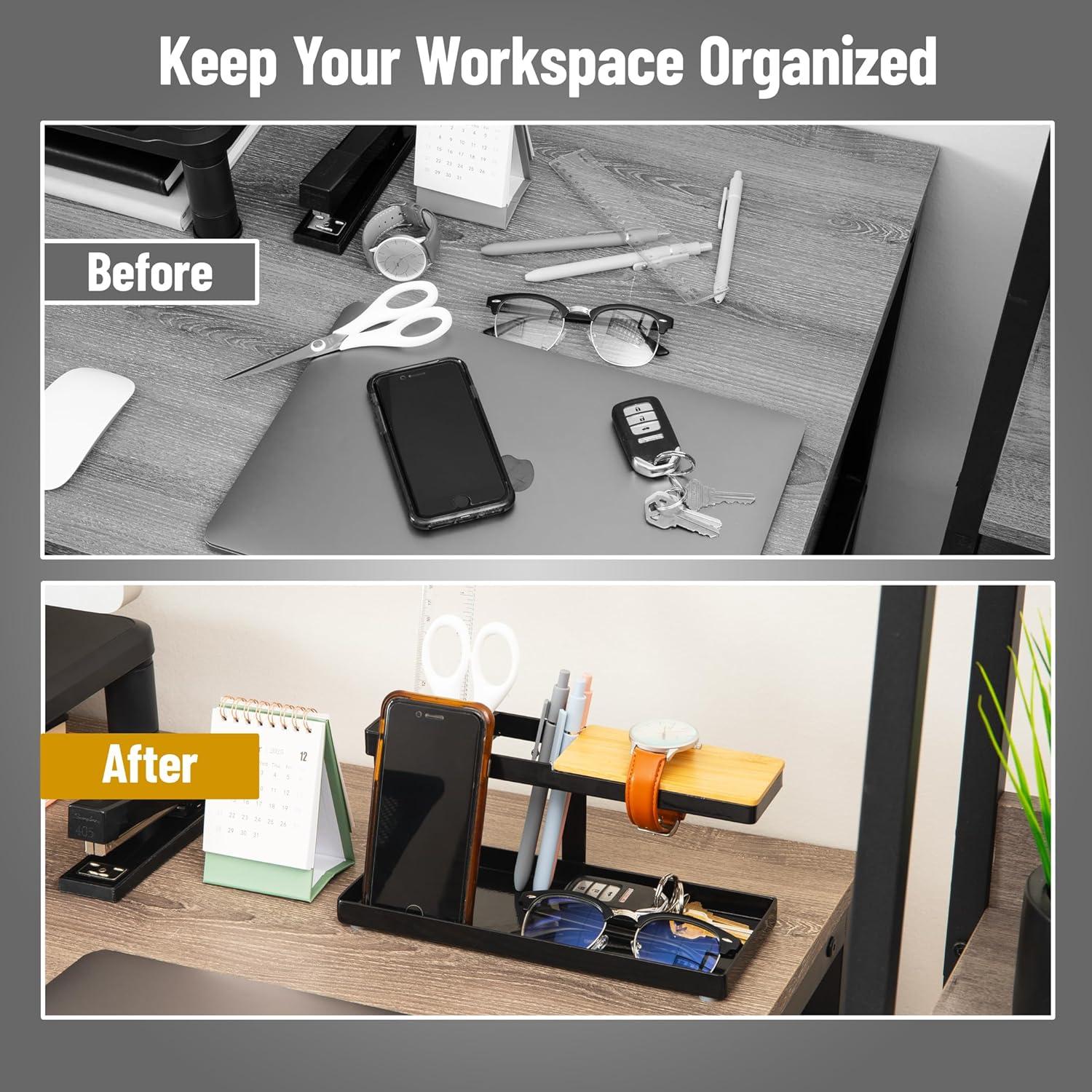 imageMind Reader Desktop Organizer Steel and Wood Desktop Dock Catchall Tray for Phone Wallet Watch Keys BlackBlack
