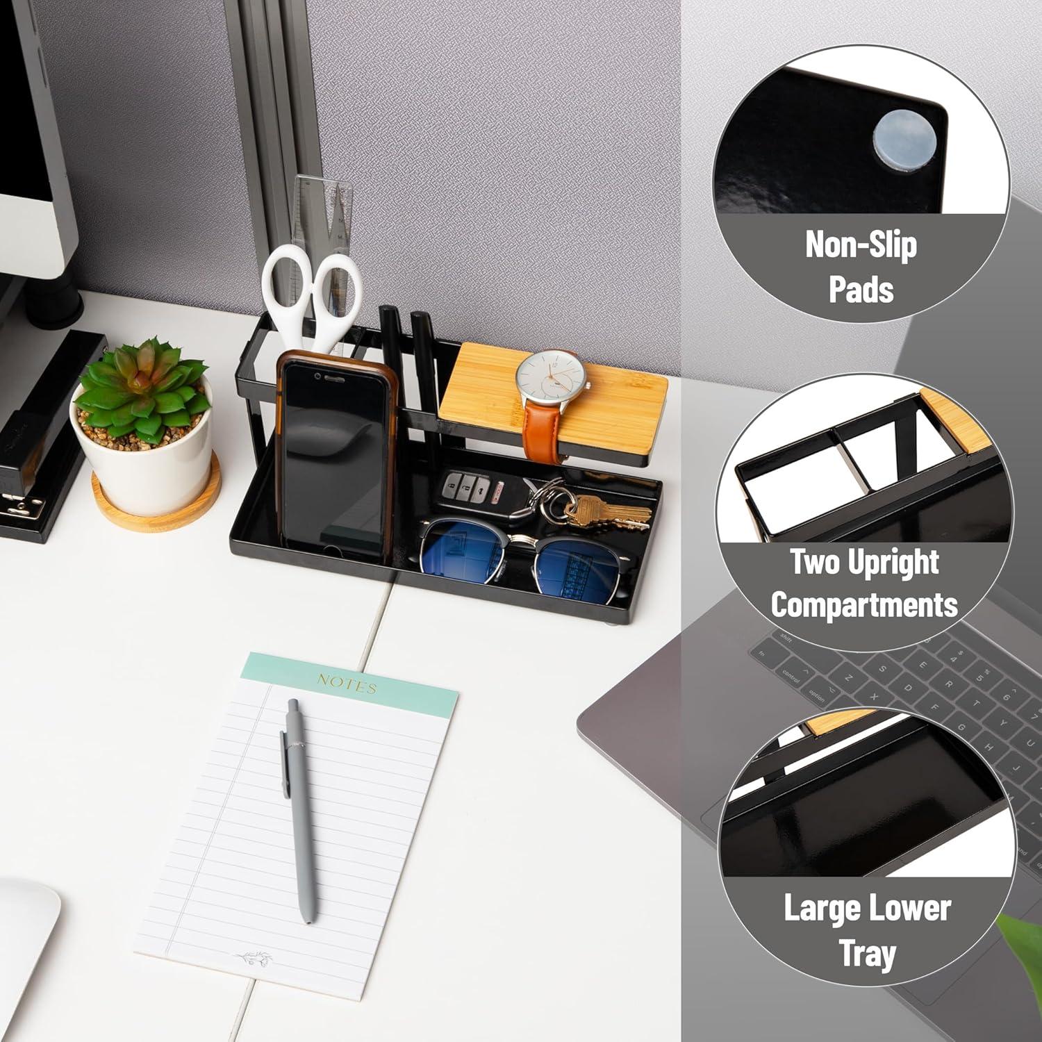 imageMind Reader Desktop Organizer Steel and Wood Desktop Dock Catchall Tray for Phone Wallet Watch Keys BlackBlack