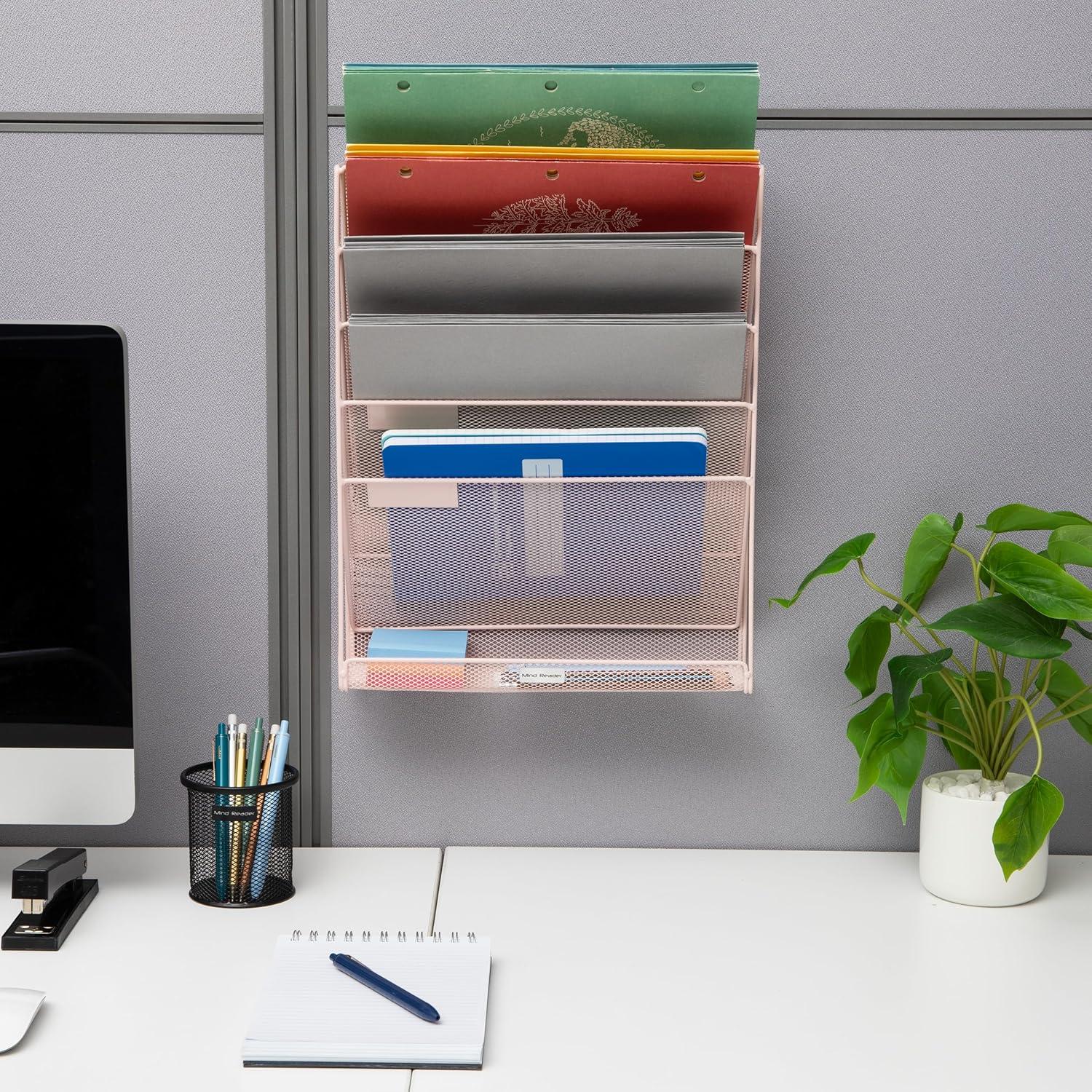imageMind Reader Metal Wire Desktop Organizer Vertical File Holder Hooks and Storage Tray Wall Mount or Desktop Metal BlackPink