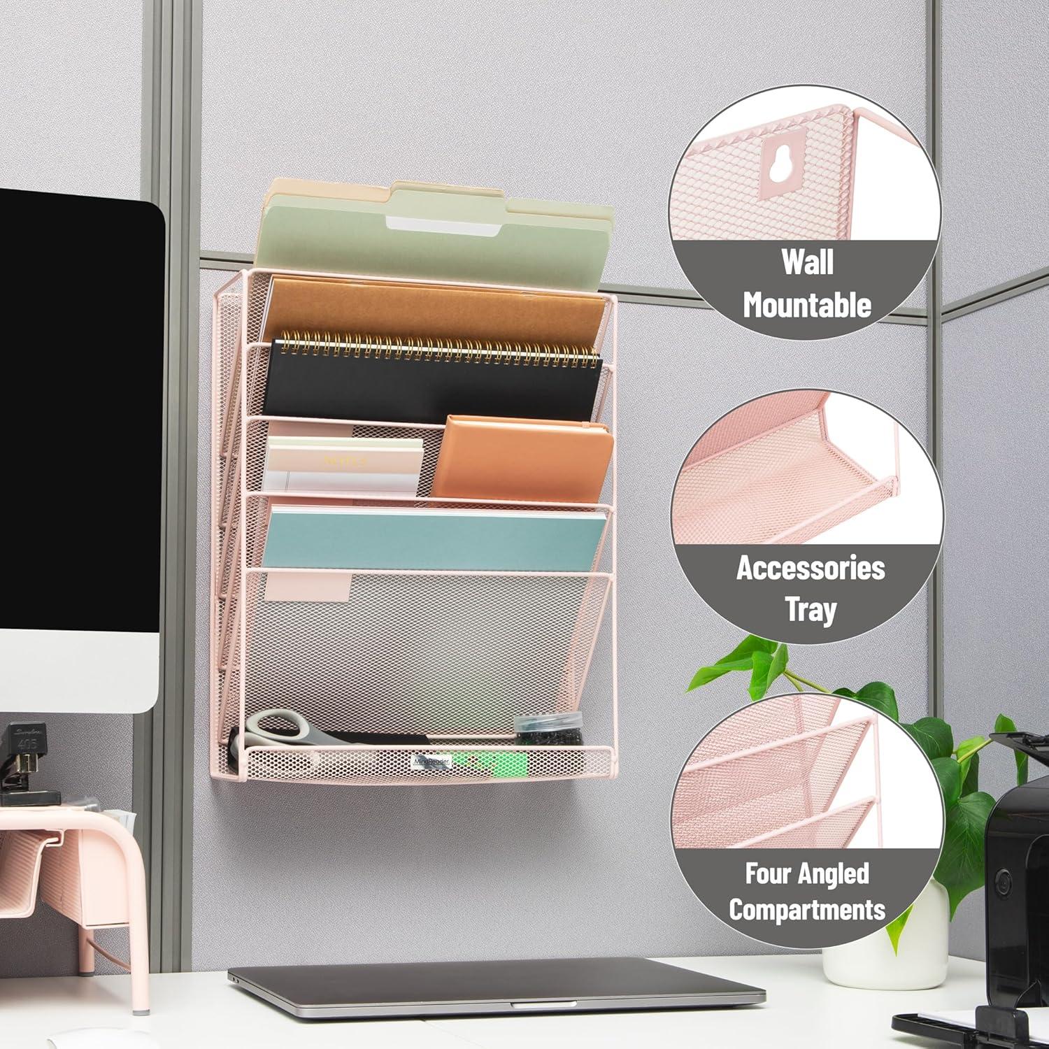 imageMind Reader Metal Wire Desktop Organizer Vertical File Holder Hooks and Storage Tray Wall Mount or Desktop Metal BlackPink