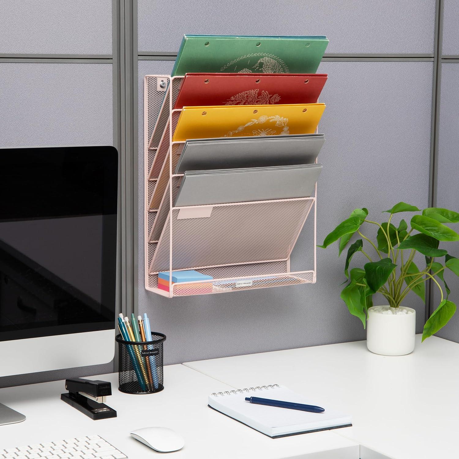 imageMind Reader Metal Wire Desktop Organizer Vertical File Holder Hooks and Storage Tray Wall Mount or Desktop Metal BlackPink