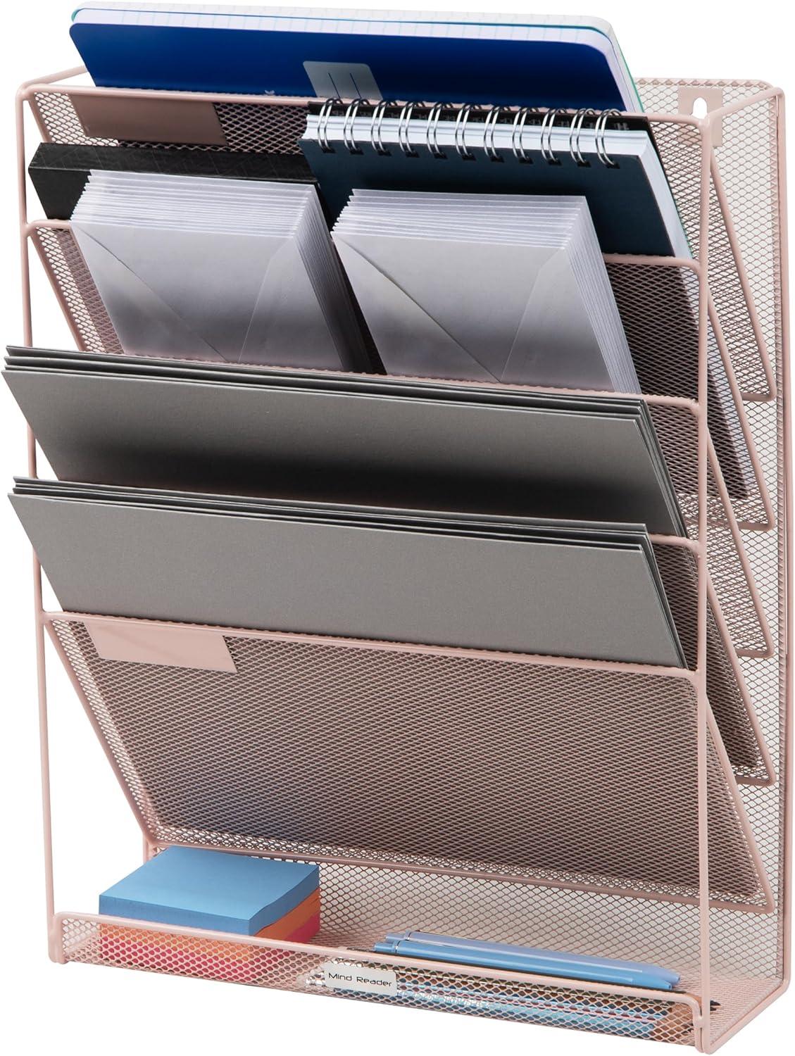 imageMind Reader Metal Wire Desktop Organizer Vertical File Holder Hooks and Storage Tray Wall Mount or Desktop Metal BlackPink