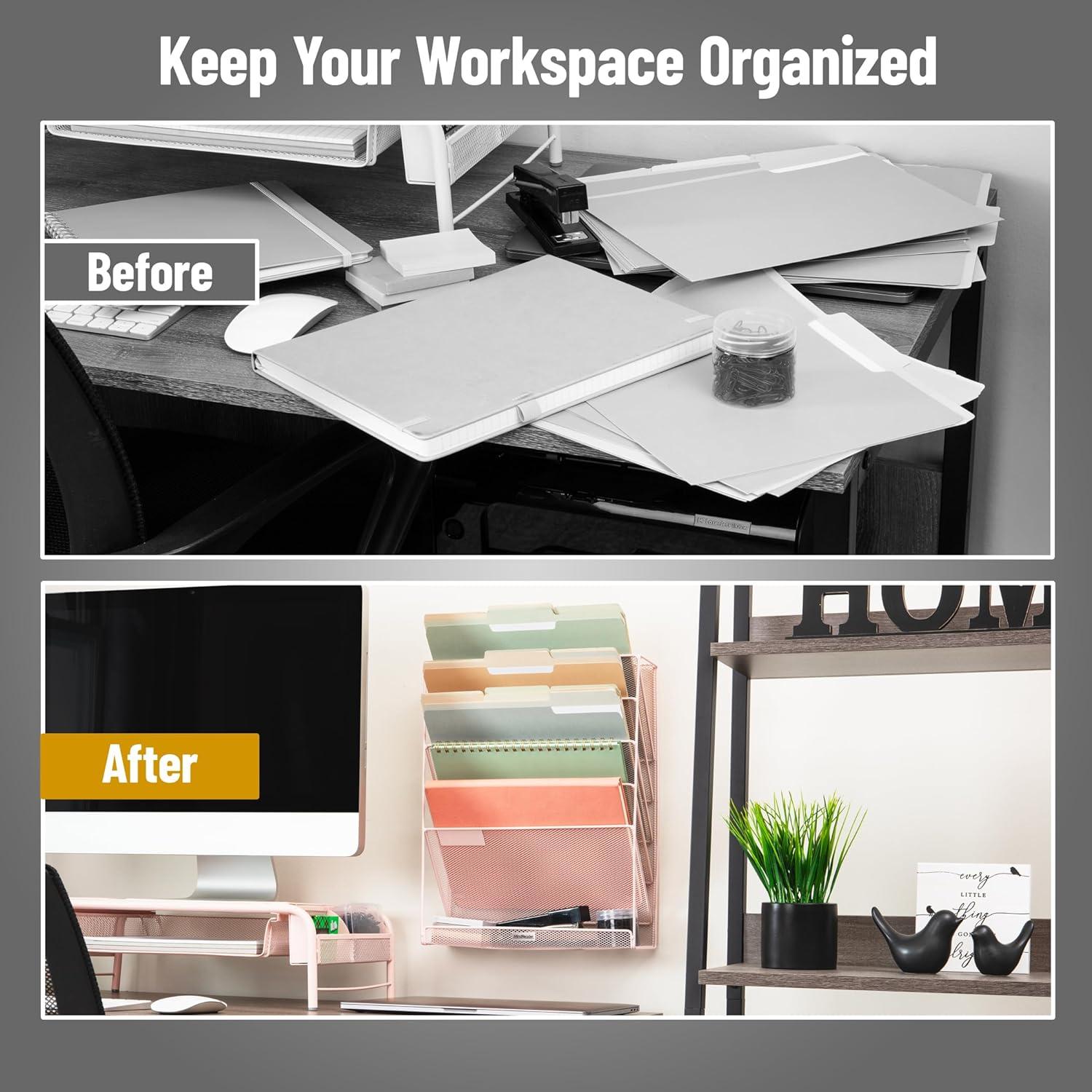 imageMind Reader Metal Wire Desktop Organizer Vertical File Holder Hooks and Storage Tray Wall Mount or Desktop Metal BlackPink
