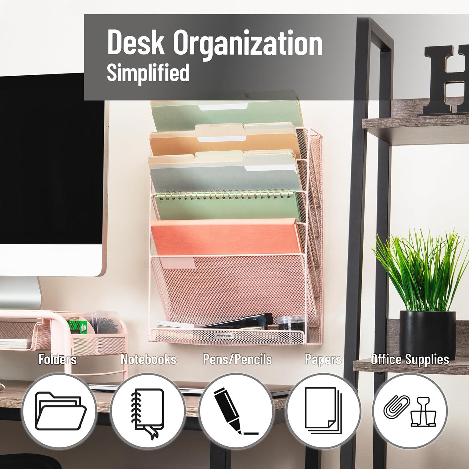 imageMind Reader Metal Wire Desktop Organizer Vertical File Holder Hooks and Storage Tray Wall Mount or Desktop Metal BlackPink