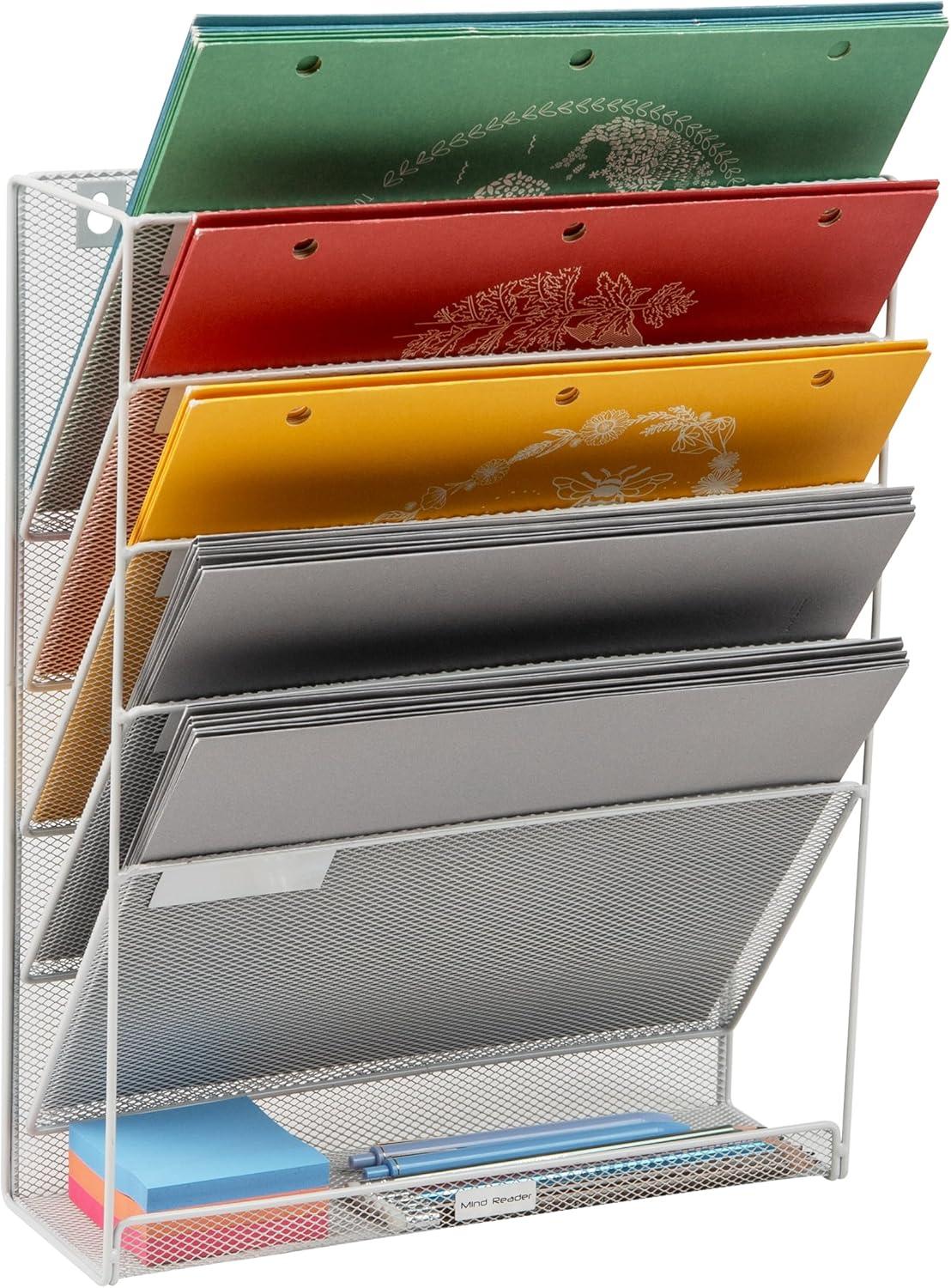 imageMind Reader Metal Wire Desktop Organizer Vertical File Holder Hooks and Storage Tray Wall Mount or Desktop Metal BlackWhite