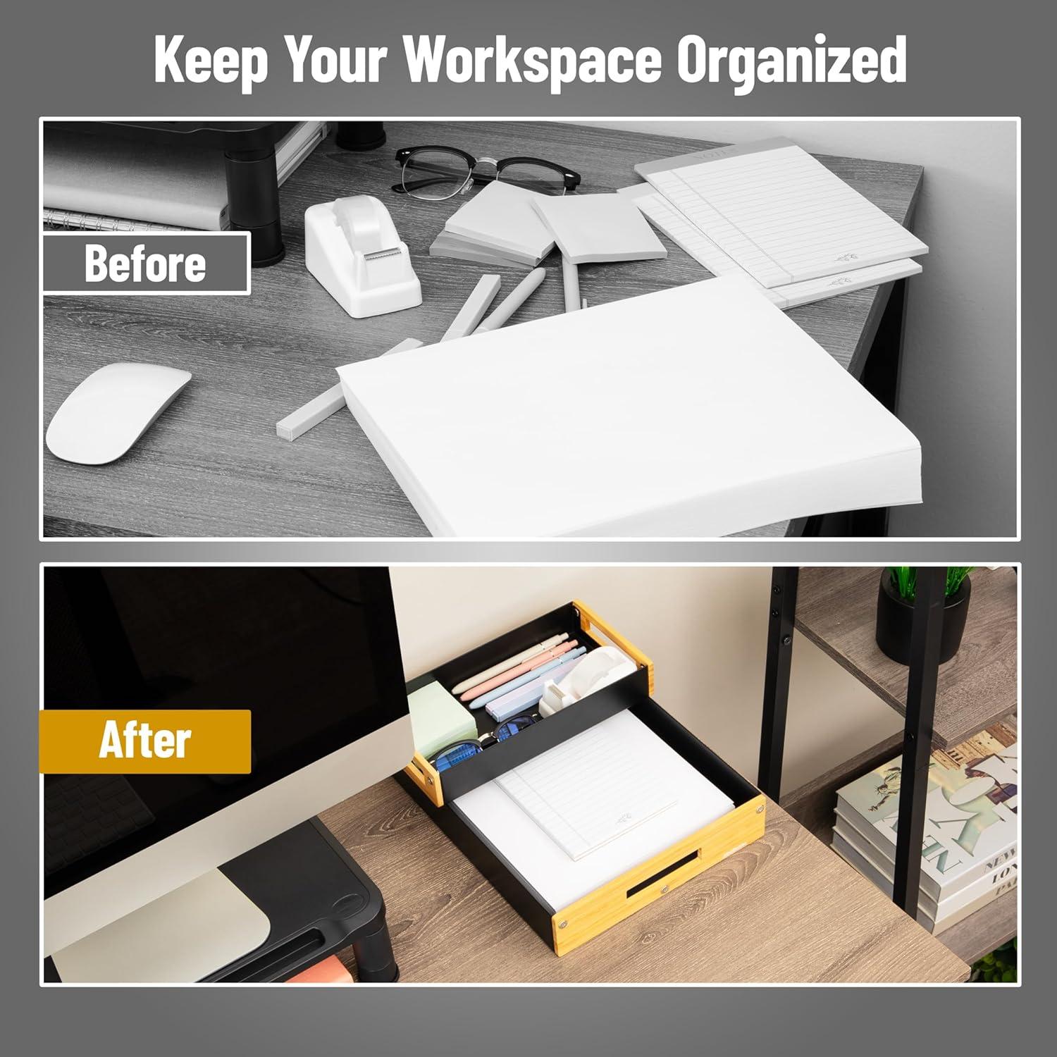 imageMind Reader Metal and Wood Tiered Desktop Organizer Trays with Cutout Handles Stackable Office Storage Office Entryway Coffee Station and Home Organization Metal and Wood Set of 2 WhiteBlack