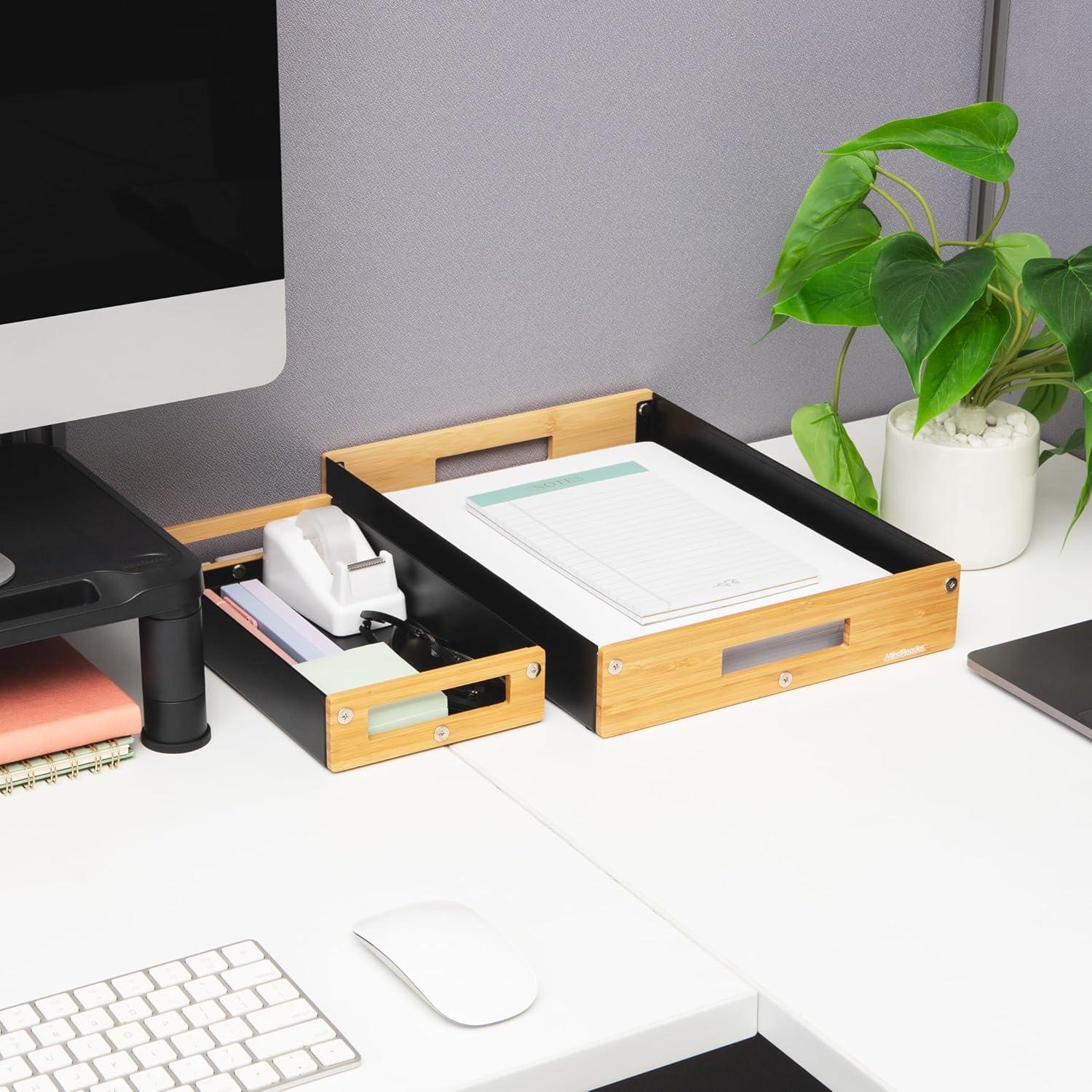 imageMind Reader Metal and Wood Tiered Desktop Organizer Trays with Cutout Handles Stackable Office Storage Office Entryway Coffee Station and Home Organization Metal and Wood Set of 2 WhiteBlack