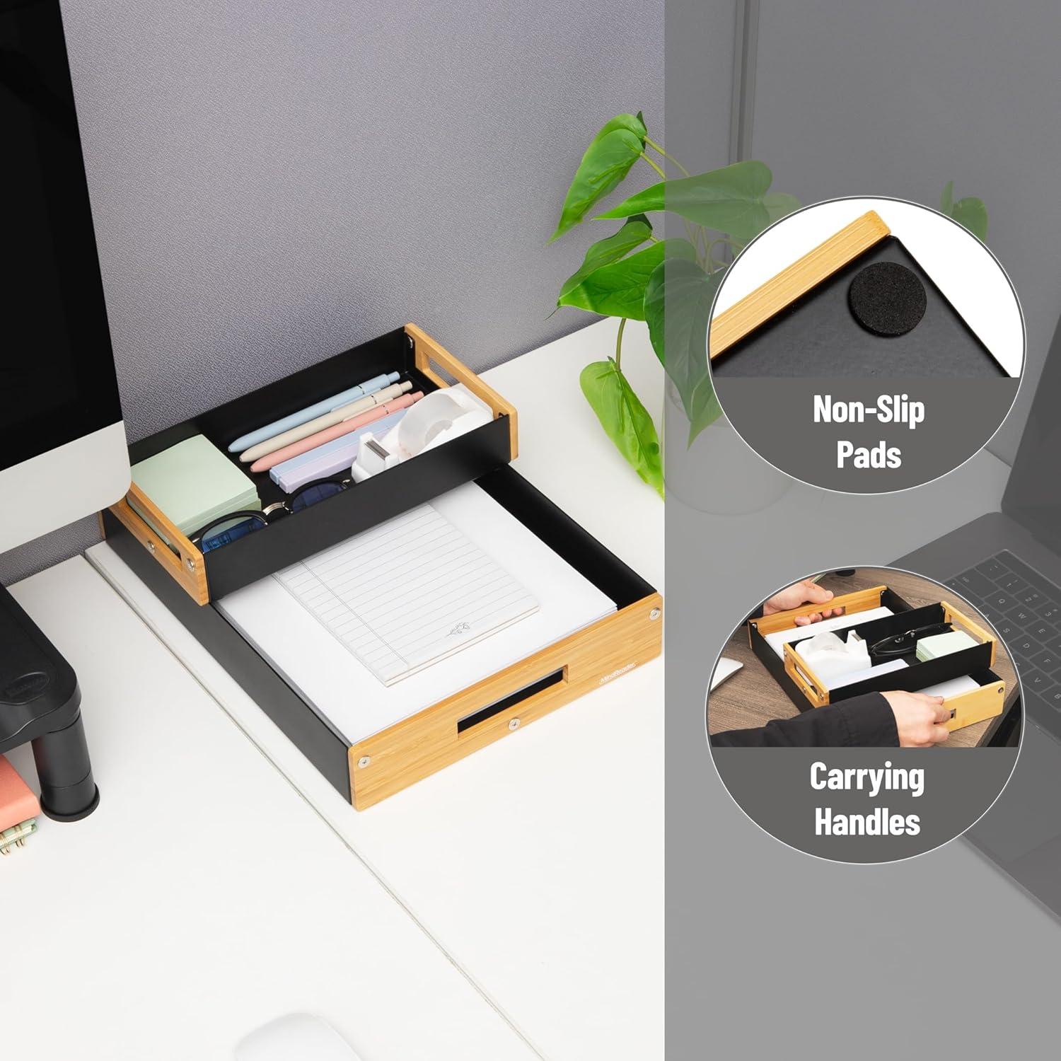 imageMind Reader Metal and Wood Tiered Desktop Organizer Trays with Cutout Handles Stackable Office Storage Office Entryway Coffee Station and Home Organization Metal and Wood Set of 2 WhiteBlack