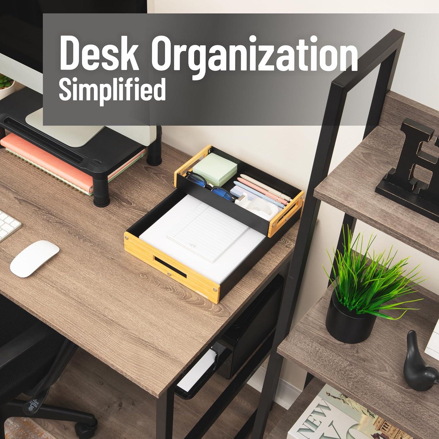 imageMind Reader Metal and Wood Tiered Desktop Organizer Trays with Cutout Handles Stackable Office Storage Office Entryway Coffee Station and Home Organization Metal and Wood Set of 2 WhiteBlack