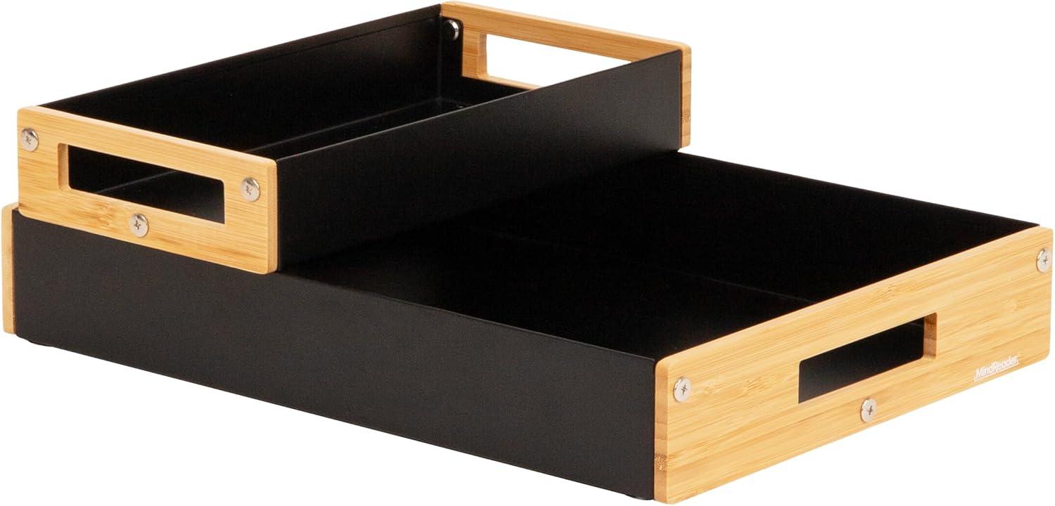 imageMind Reader Metal and Wood Tiered Desktop Organizer Trays with Cutout Handles Stackable Office Storage Office Entryway Coffee Station and Home Organization Metal and Wood Set of 2 WhiteBlack