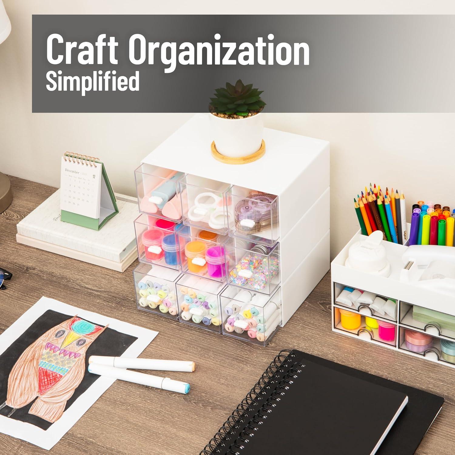 imageMind Reader Modular Craft Organizer 9 Clear Drawer Desktop Storage Stackable Interlocking Units for Art Supplies Office and Hobby Storage Plastic Set of 3 White