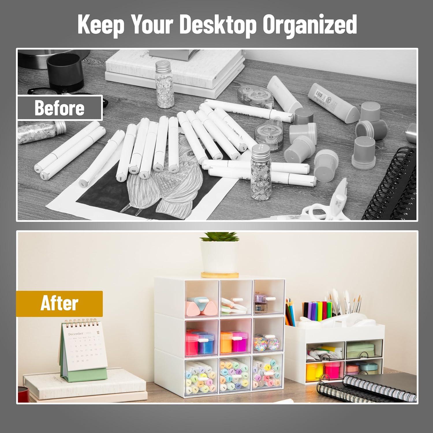 imageMind Reader Modular Craft Organizer 9 Clear Drawer Desktop Storage Stackable Interlocking Units for Art Supplies Office and Hobby Storage Plastic Set of 3 White