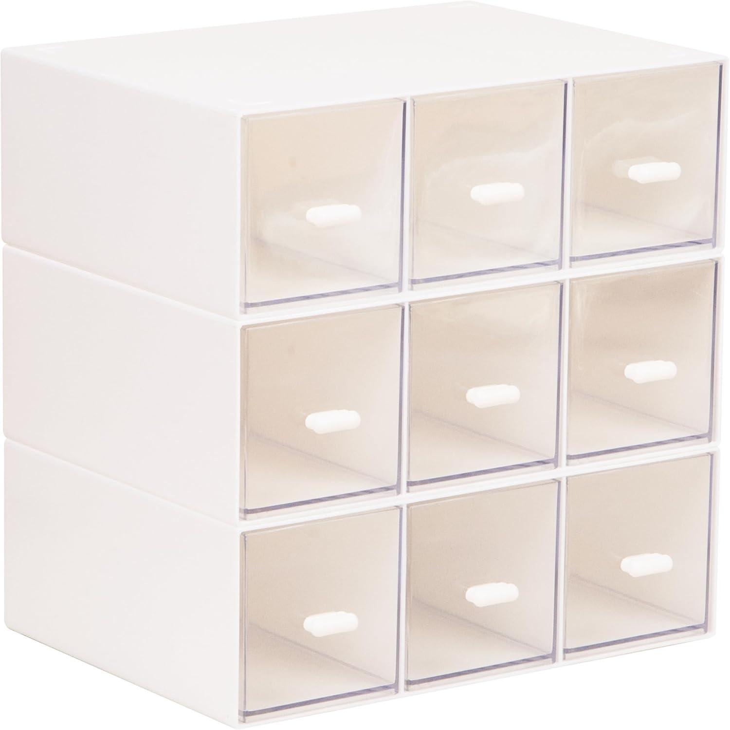 imageMind Reader Modular Craft Organizer 9 Clear Drawer Desktop Storage Stackable Interlocking Units for Art Supplies Office and Hobby Storage Plastic Set of 3 White
