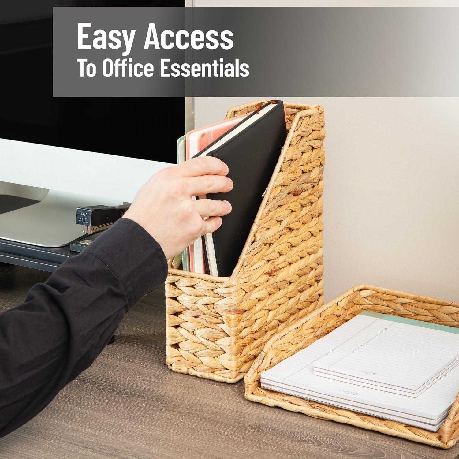 imageMind Reader Rattan Vertical File Organizer with Iron Frame Desktop Organizer Holds Letter Size Documents Brown39 x 98 x 118