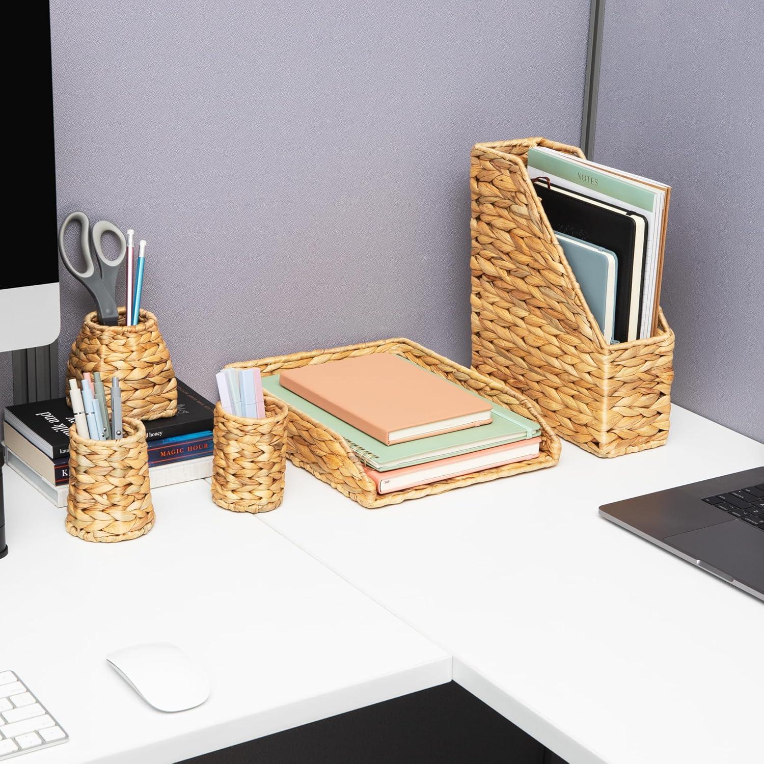 imageMind Reader Rattan Vertical File Organizer with Iron Frame Desktop Organizer Holds Letter Size Documents Brown98 x 122 x 28