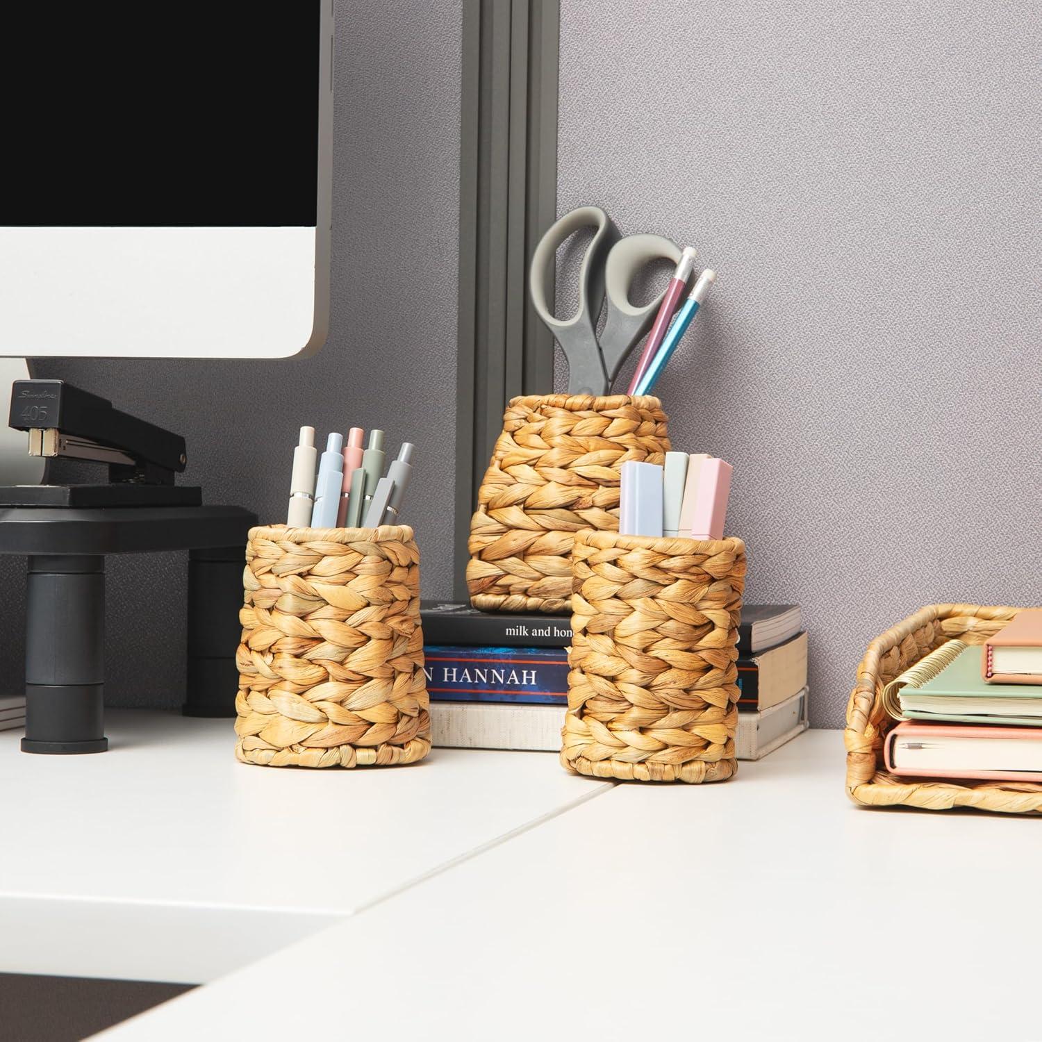 imageMind Reader Rattan Vertical File Organizer with Iron Frame Desktop Organizer Holds Letter Size Documents BrownPen Cups