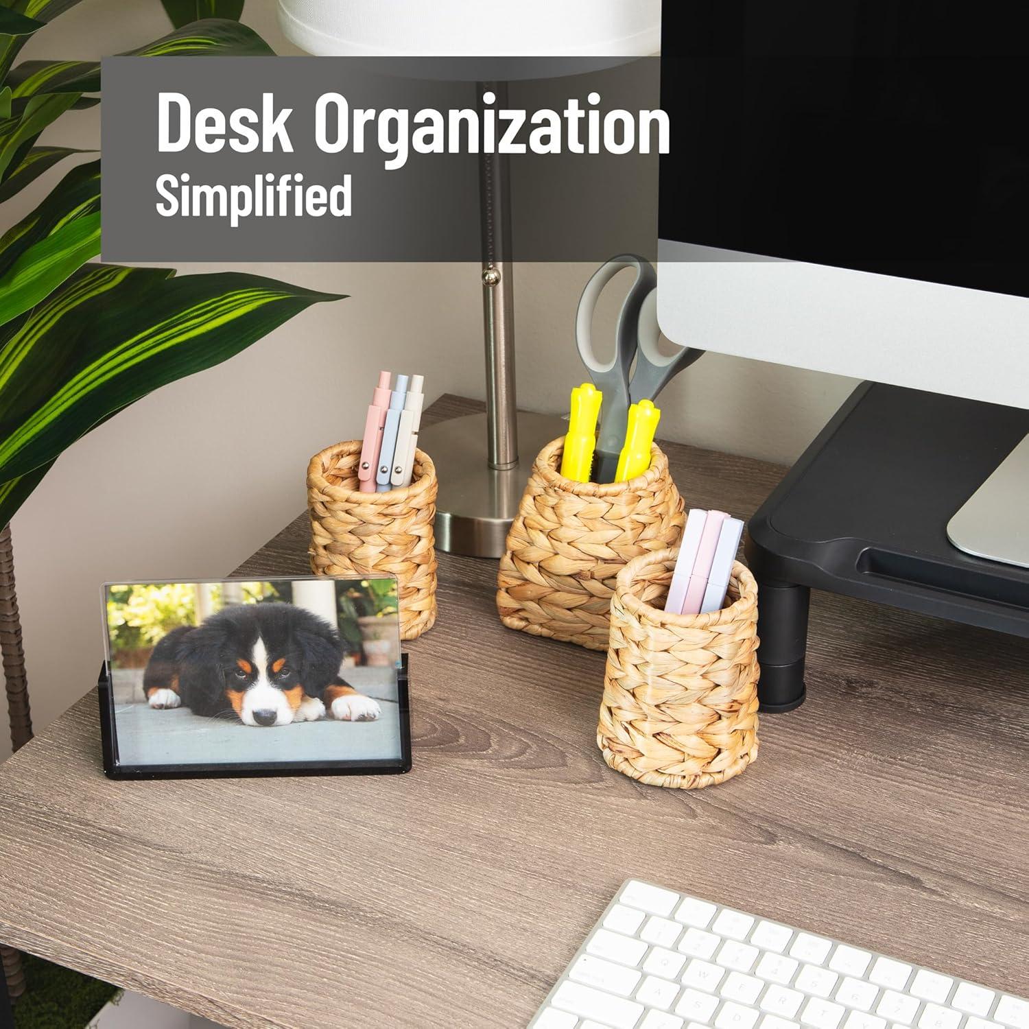 imageMind Reader Rattan Vertical File Organizer with Iron Frame Desktop Organizer Holds Letter Size Documents BrownPen Cups