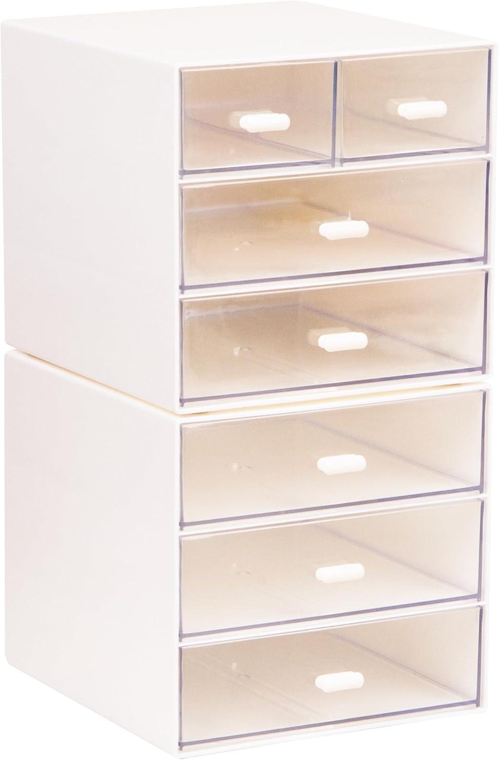 imageMind Reader Stackable Craft Supply Organizer 6 Drawer Desktop Storage with Clear Drawers Plastic Set of 2 White