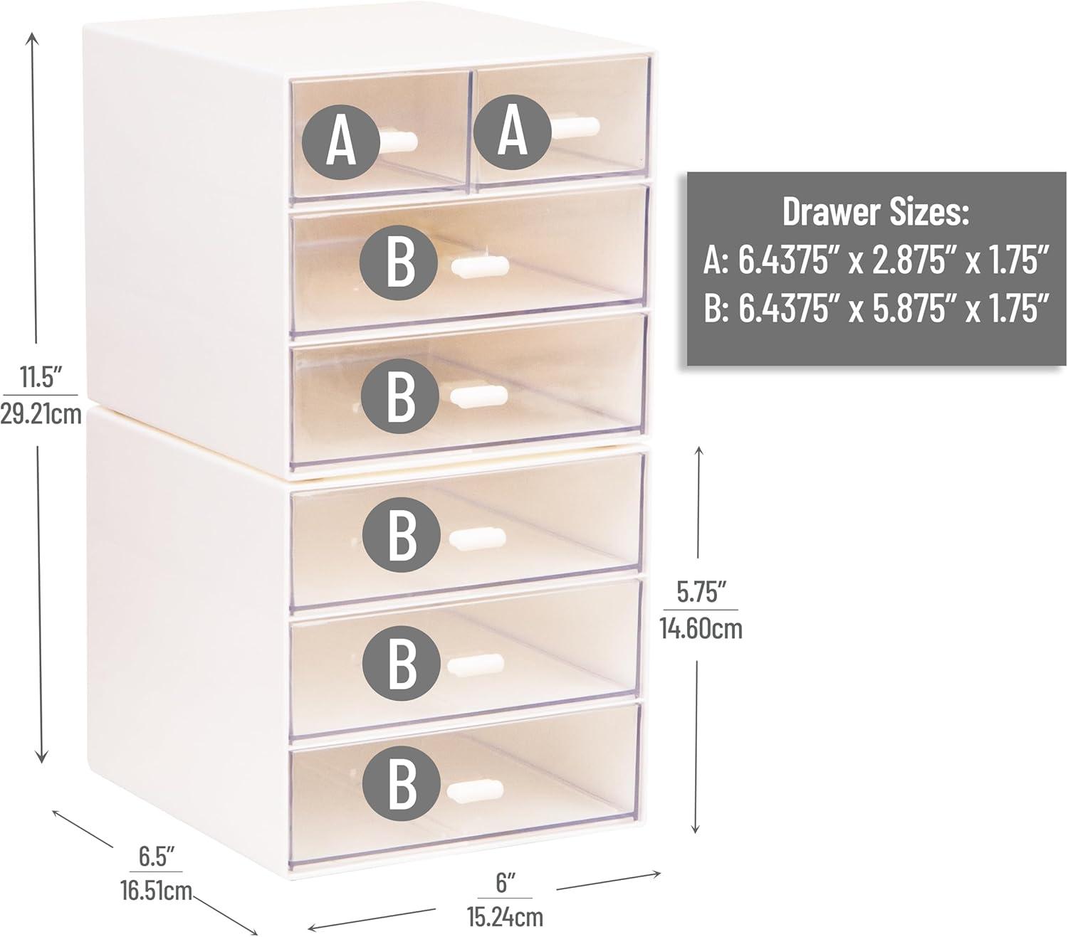 imageMind Reader Stackable Craft Supply Organizer 6 Drawer Desktop Storage with Clear Drawers Plastic Set of 2 White