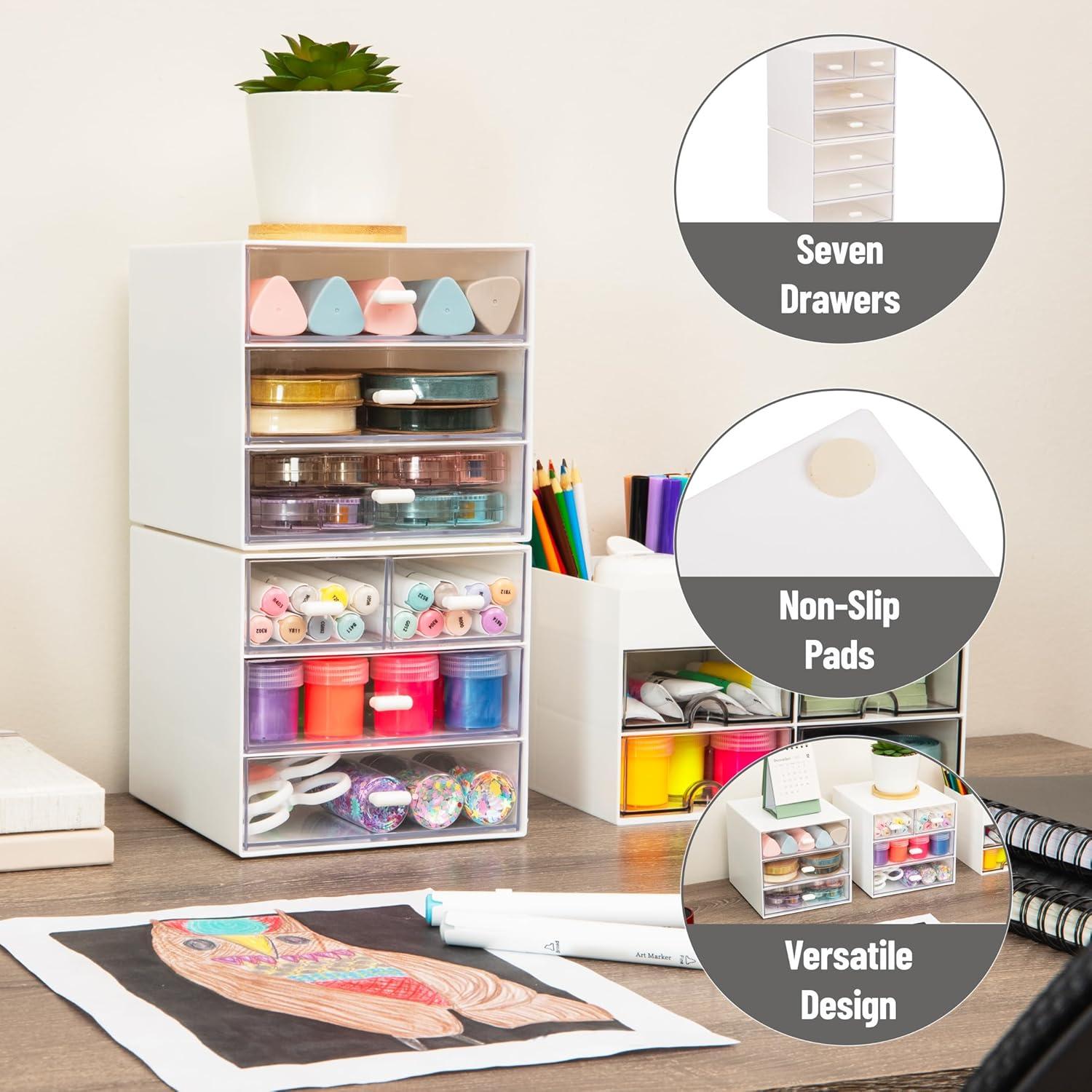 imageMind Reader Stackable Craft Supply Organizer 6 Drawer Desktop Storage with Clear Drawers Plastic Set of 2 White