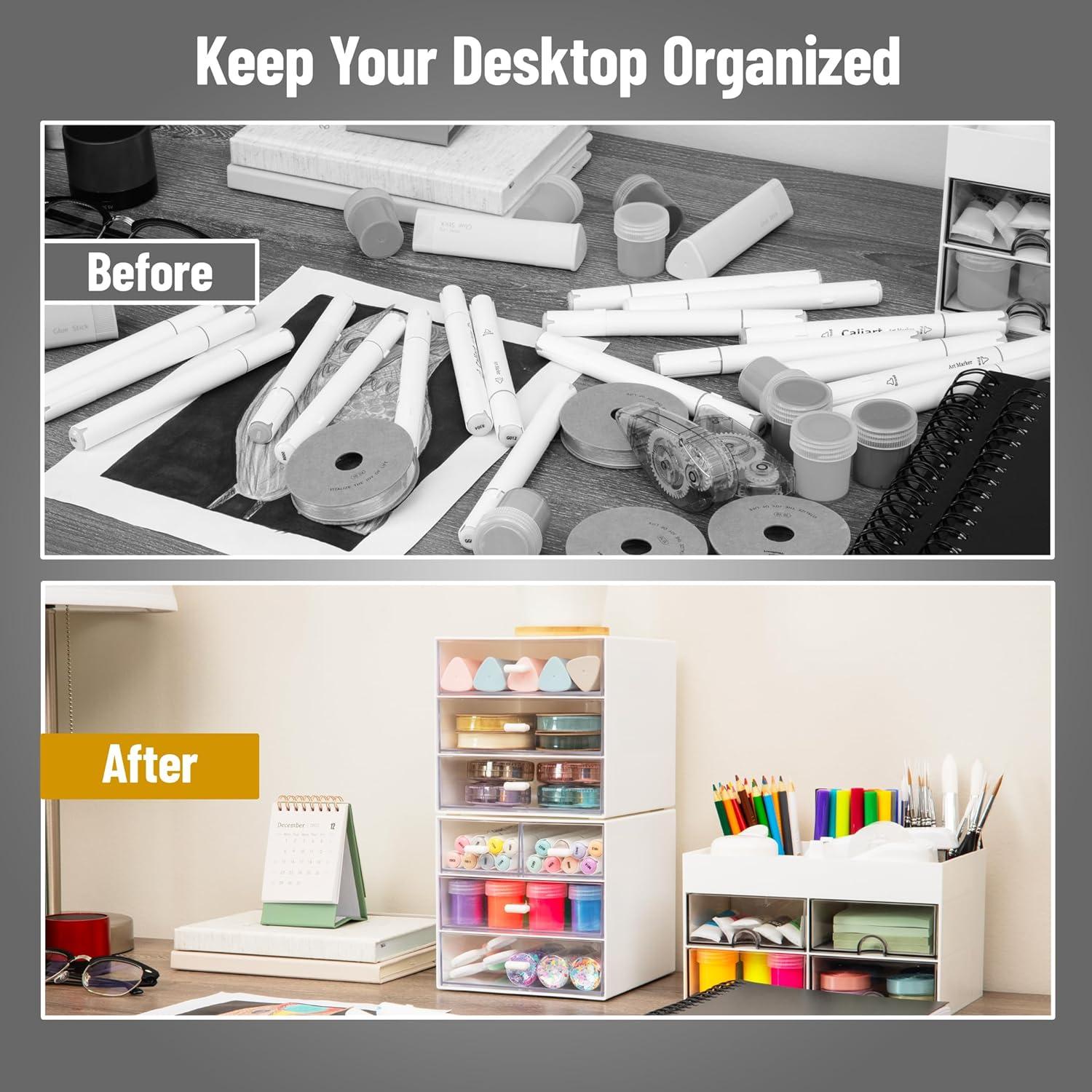 imageMind Reader Stackable Craft Supply Organizer 6 Drawer Desktop Storage with Clear Drawers Plastic Set of 2 White