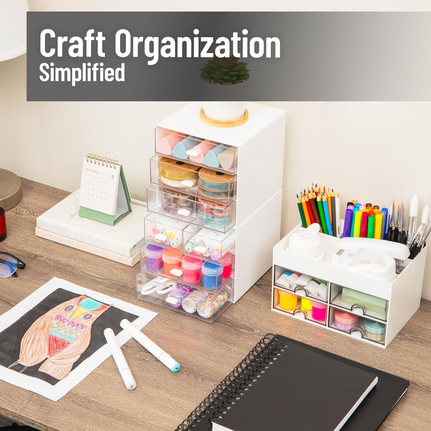 imageMind Reader Stackable Craft Supply Organizer 6 Drawer Desktop Storage with Clear Drawers Plastic Set of 2 White