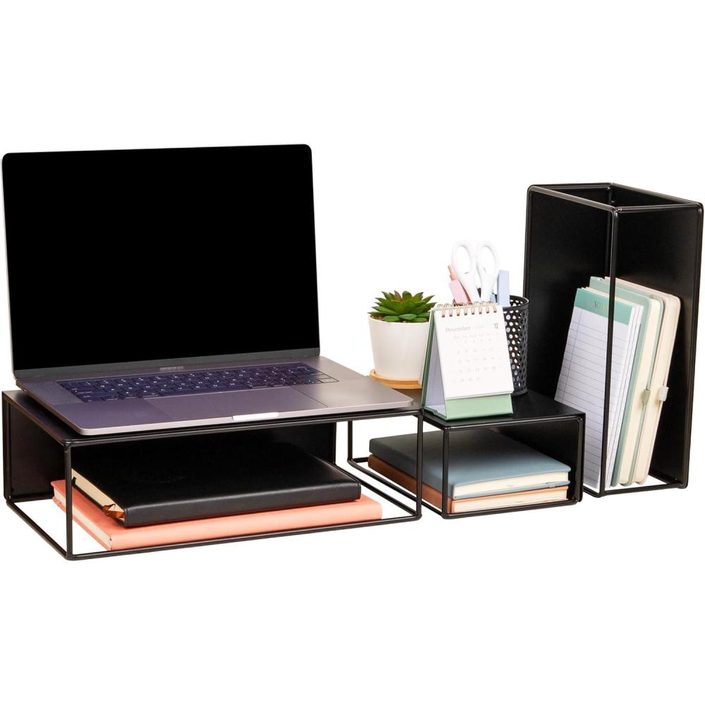 imageMind Reader 3 Piece Metal Desktop Riser Set for Monitor Laptop and Office Organization Set of 3 Black