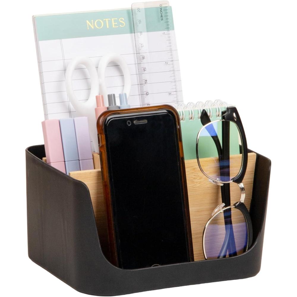 imageMind Reader 5Compartment Desktop Organizer Adjustable Caddy Plastic and Wood BlackBlack