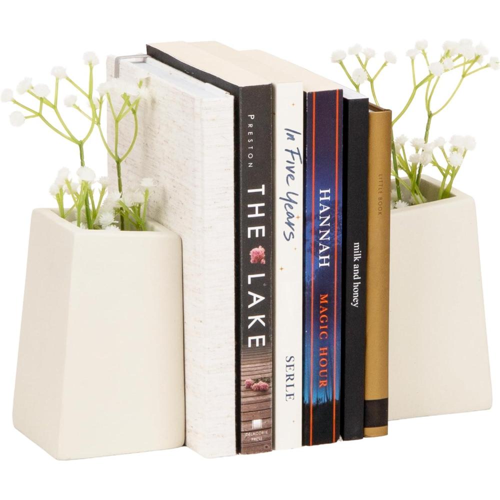 imageMind Reader Cement Planter Bookends Desk Decor and Indoor Plants Set of 2 White