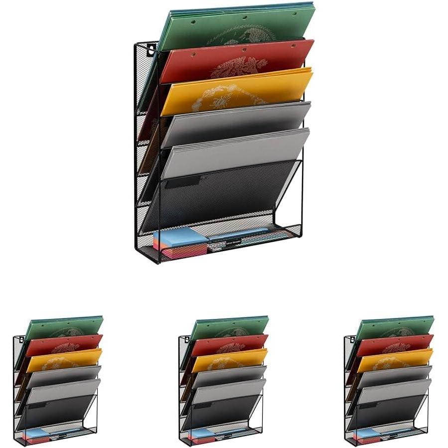 imageMind Reader Metal Wire Desktop Organizer Vertical File Holder Hooks and Storage Tray Wall Mount or Desktop Metal BlackBlack