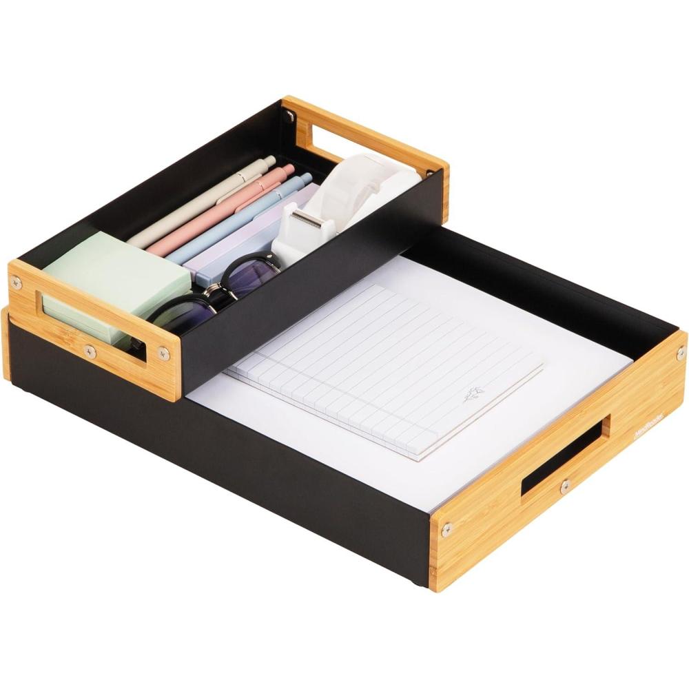 imageMind Reader Metal and Wood Tiered Desktop Organizer Trays with Cutout Handles Stackable Office Storage Office Entryway Coffee Station and Home Organization Metal and Wood Set of 2 WhiteBlack