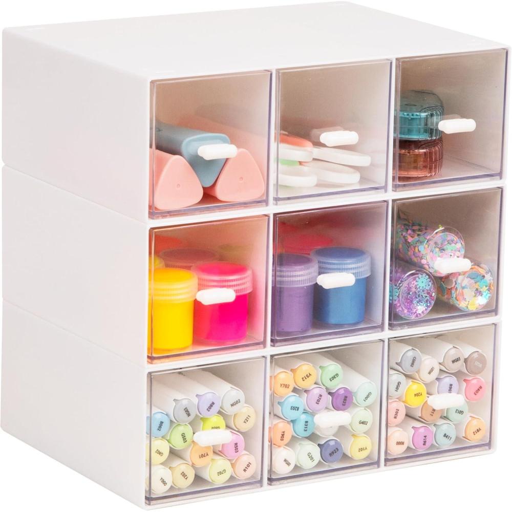 imageMind Reader Modular Craft Organizer 9 Clear Drawer Desktop Storage Stackable Interlocking Units for Art Supplies Office and Hobby Storage Plastic Set of 3 White