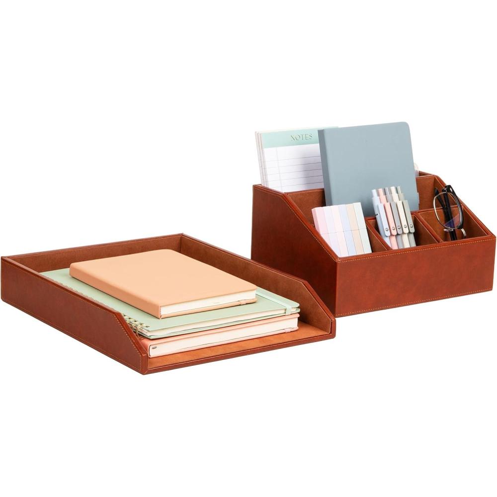 imageMind Reader PU Leather Desk Organizer and Letter Tray Set Stackable Paper Tray Pen Cup and Card Holder Brown