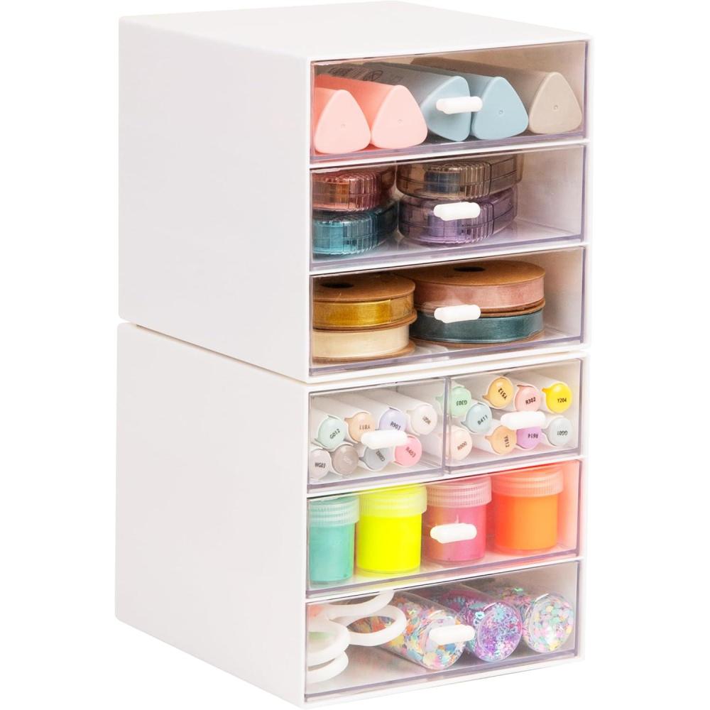 imageMind Reader Stackable Craft Supply Organizer 6 Drawer Desktop Storage with Clear Drawers Plastic Set of 2 White