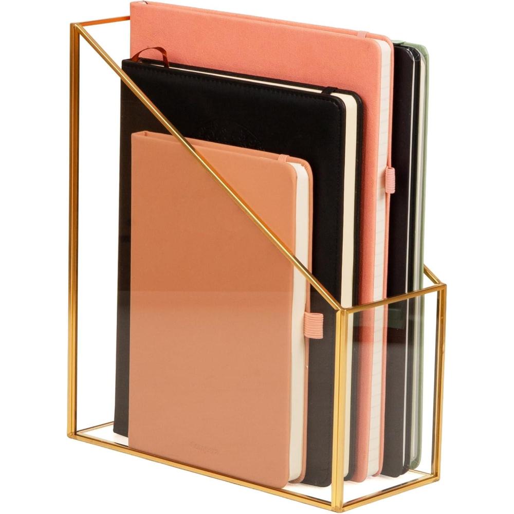 imageMind Reader Vertical Glass File Holder with Copper Trim Angled Magazine Organizer for Documents Folders amp Mail Glass and Copper Clear39 x 95 x 11